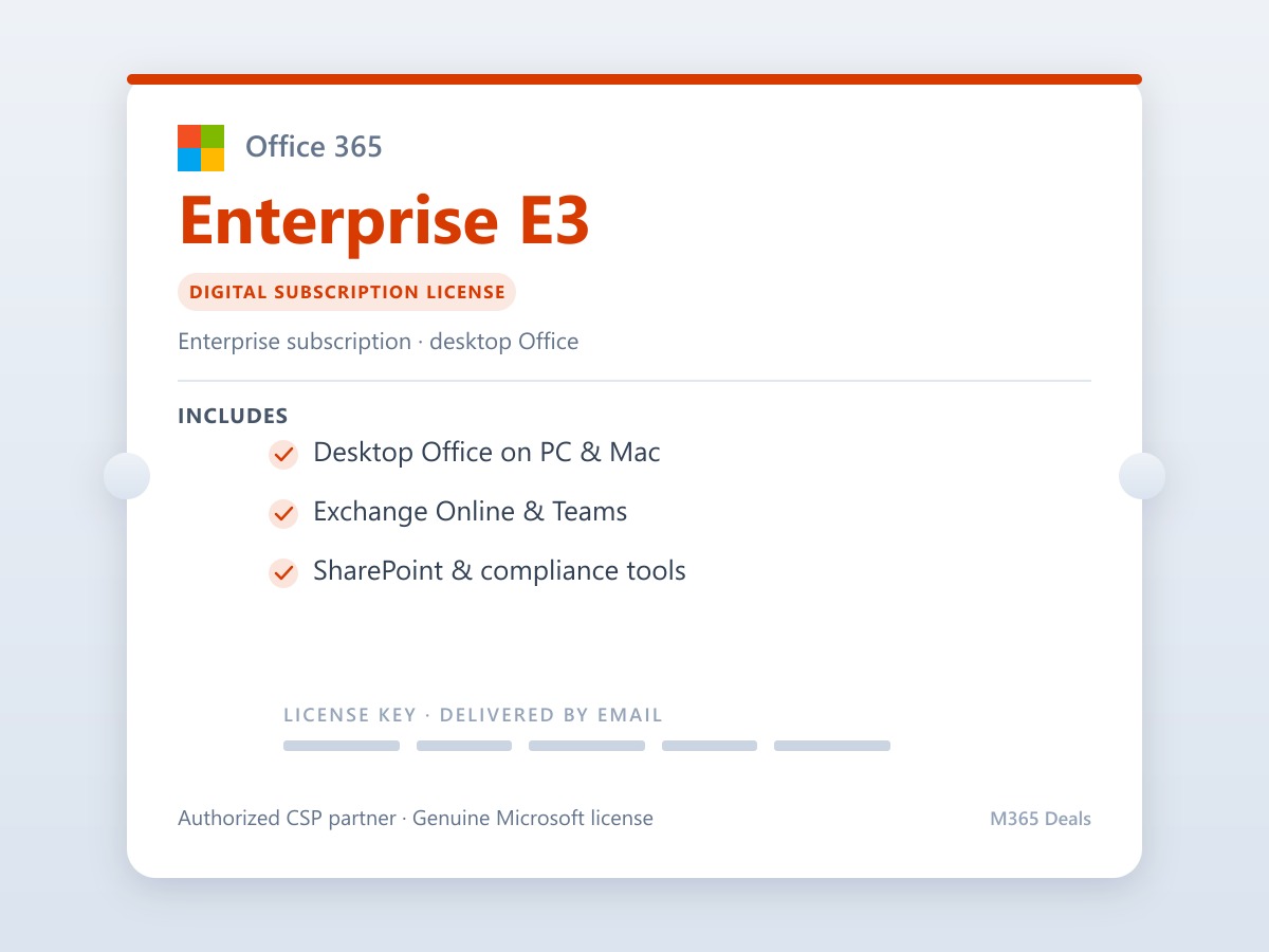 Office 365 Enterprise E3 digital license - desktop Office and Exchange Online.